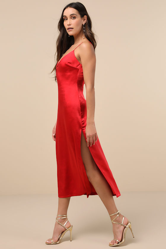 Lulus Tempting Silhouette Red Satin Lace-up Midi Dress In Red