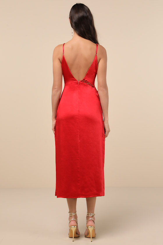 Lulus Tempting Silhouette Red Satin Lace-up Midi Dress In Red