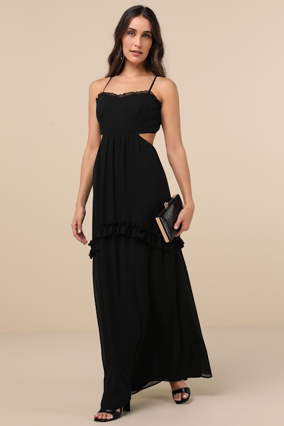 Lulus Pronounced Perfection Black Cutout Tie-back Maxi Dress In Black