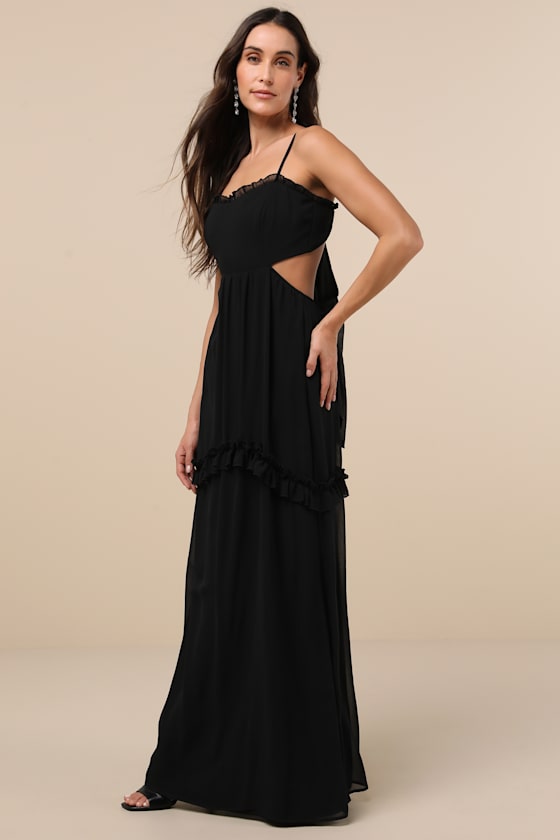 Lulus Pronounced Perfection Black Cutout Tie-back Maxi Dress In Black