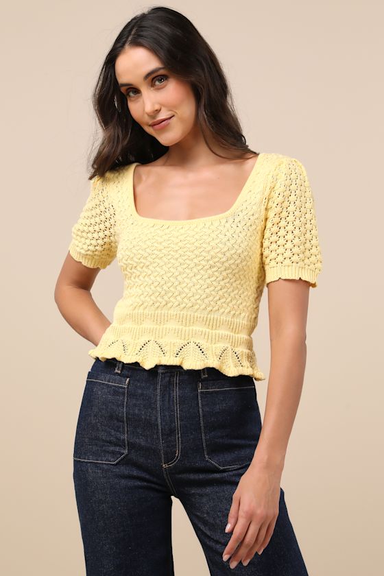Lulus Lucky Cutie Bright Yellow Crochet Short Sleeve Sweater Top In Bright Yellow