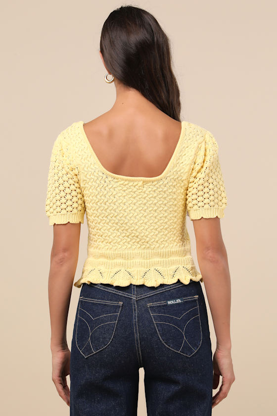 Lulus Lucky Cutie Bright Yellow Crochet Short Sleeve Sweater Top In Bright Yellow
