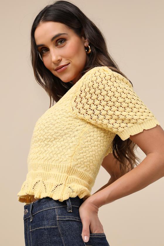 Lulus Lucky Cutie Bright Yellow Crochet Short Sleeve Sweater Top In Bright Yellow