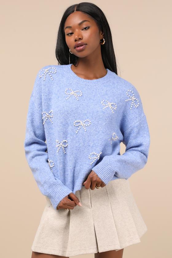 Lulus Lavish Coziness Blue Pearl Bow Pullover Sweater In Blue