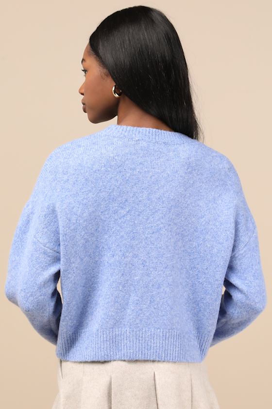 Lulus Lavish Coziness Blue Pearl Bow Pullover Sweater In Blue
