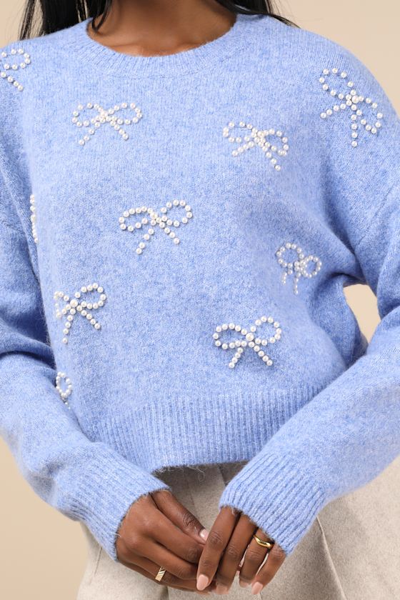 Lulus Lavish Coziness Blue Pearl Bow Pullover Sweater In Blue