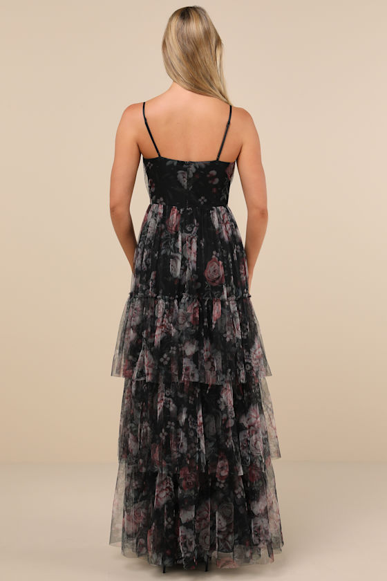 Lulus Wonderfully Perfect Black Floral Mesh Tiered Maxi Dress In Black