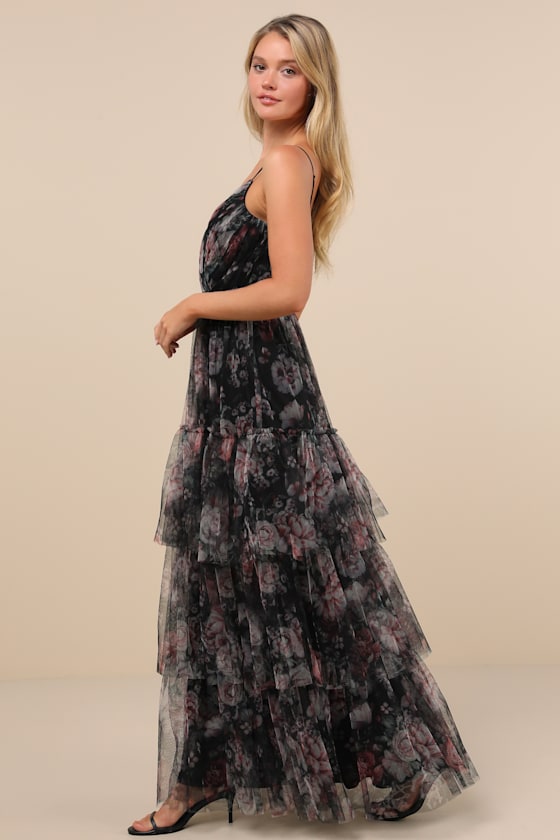 Lulus Wonderfully Perfect Black Floral Mesh Tiered Maxi Dress In Black