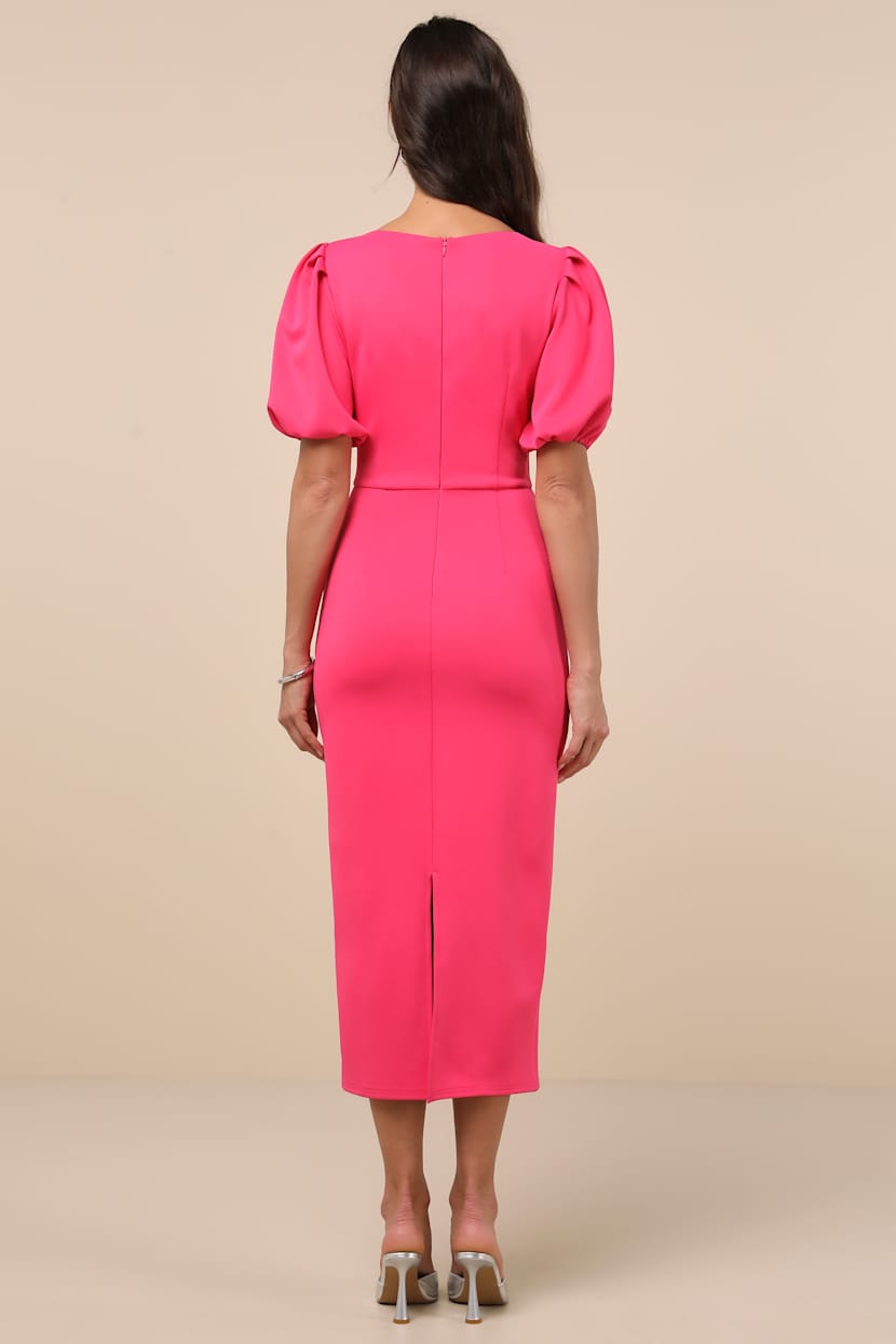 Fuchsia Midi Dress - Puff Sleeve Midi Dress - Boat Neck Dress