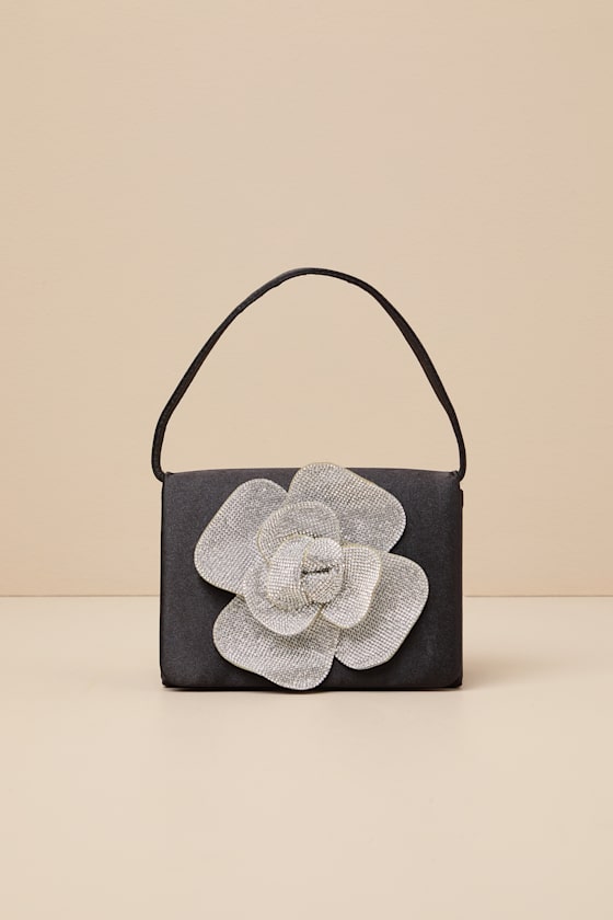 Shop Lulus Gwenda Black Satin Rhinestone Flower Mini Handbag
