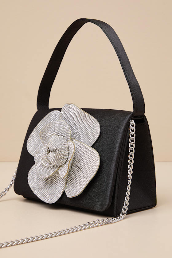 Shop Lulus Gwenda Black Satin Rhinestone Flower Mini Handbag