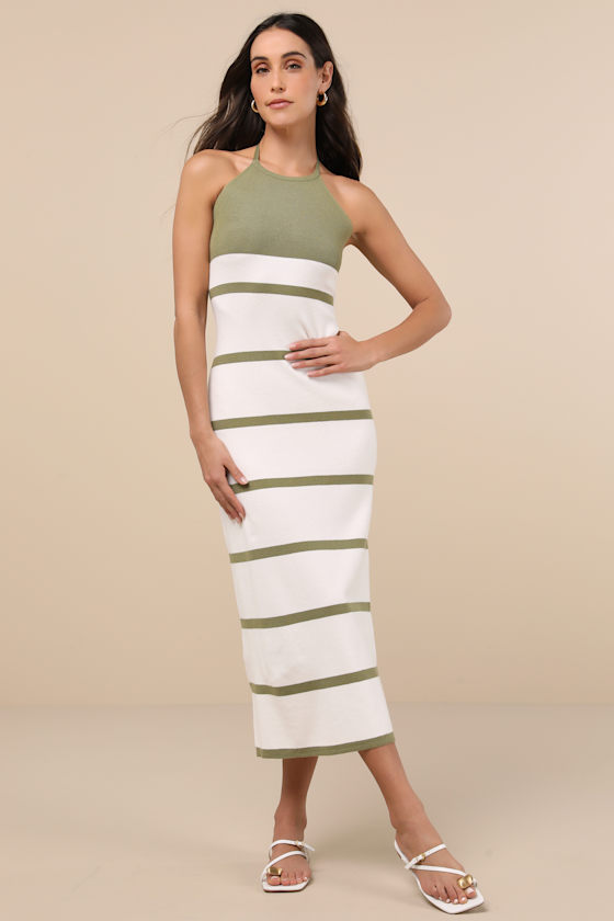 Lulus Friendly Cutie Olive And Ivory Striped Knit Halter Midi Dress In Ivory