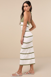 Friendly Cutie Olive and Ivory Striped Knit Halter Midi Dress 4