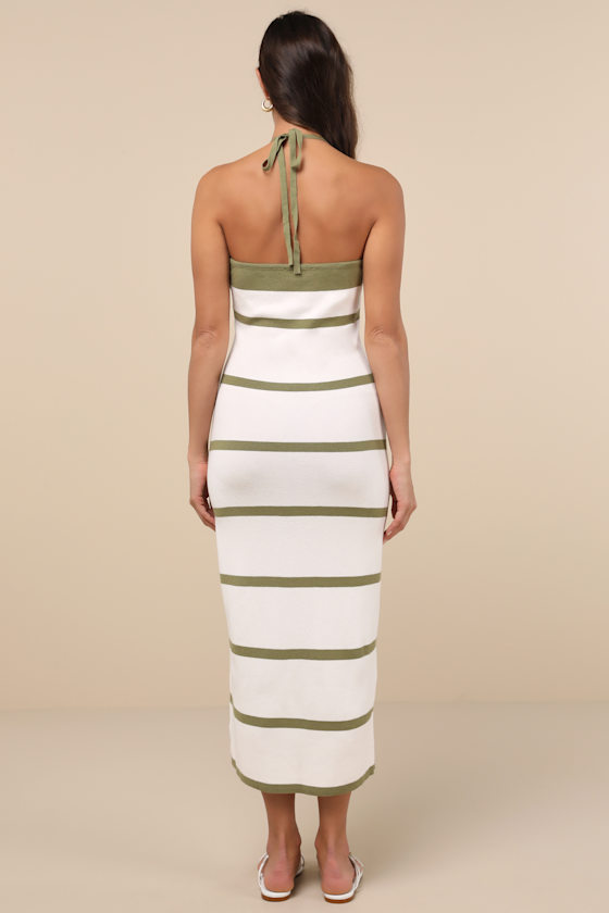 Lulus Friendly Cutie Olive And Ivory Striped Knit Halter Midi Dress In Ivory