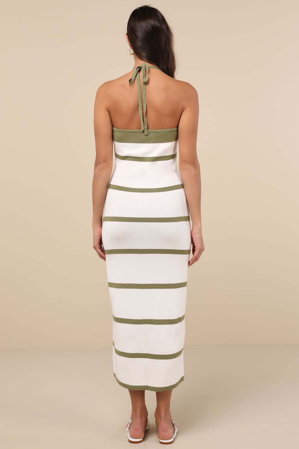 Friendly Cutie Olive and Ivory Striped Knit Halter Midi Dress
