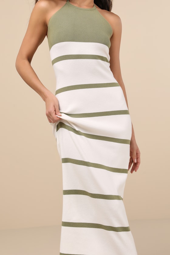 Lulus Friendly Cutie Olive And Ivory Striped Knit Halter Midi Dress In Ivory