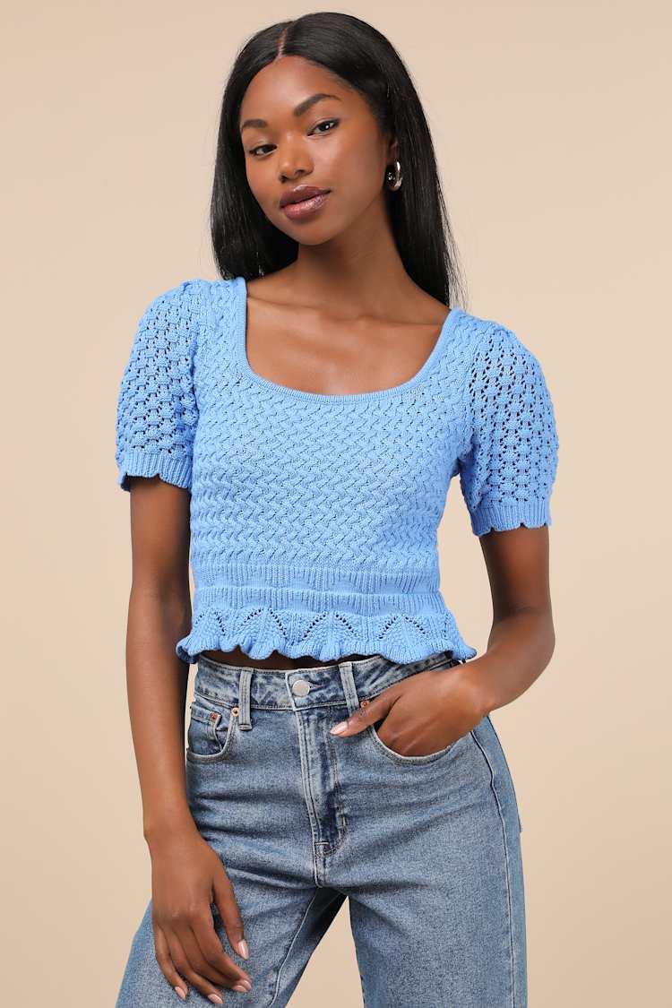 Lucky Cutie Blue Crochet Short Sleeve Sweater Top