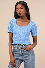 Lucky Cutie Blue Crochet Short Sleeve Sweater Top 1