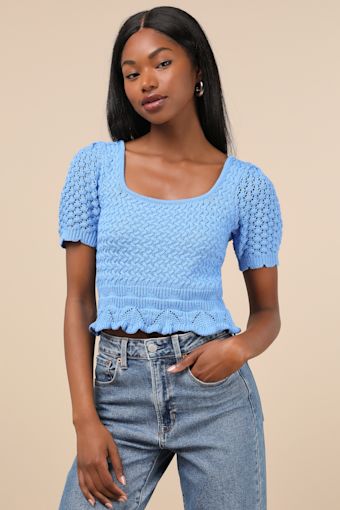 Lucky Cutie Blue Crochet Short Sleeve Sweater Top 1