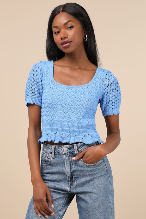 Lucky Cutie Blue Crochet Short Sleeve Sweater Top 1
