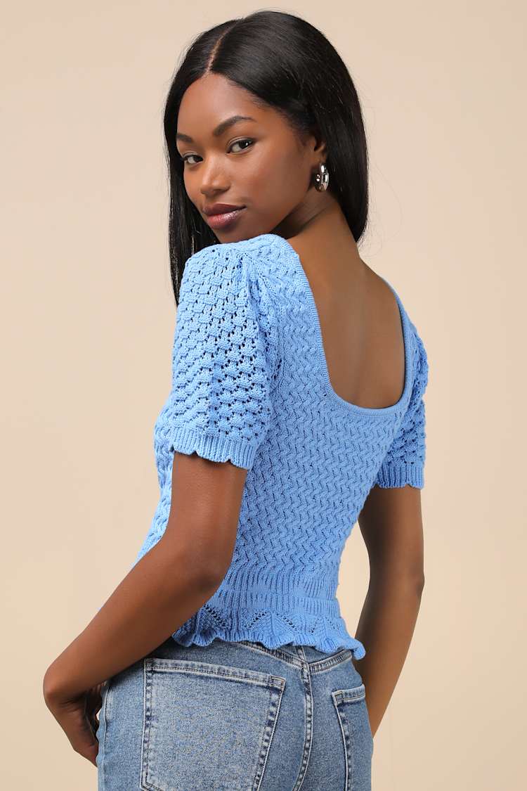 Lucky Cutie Blue Crochet Short Sleeve Sweater Top