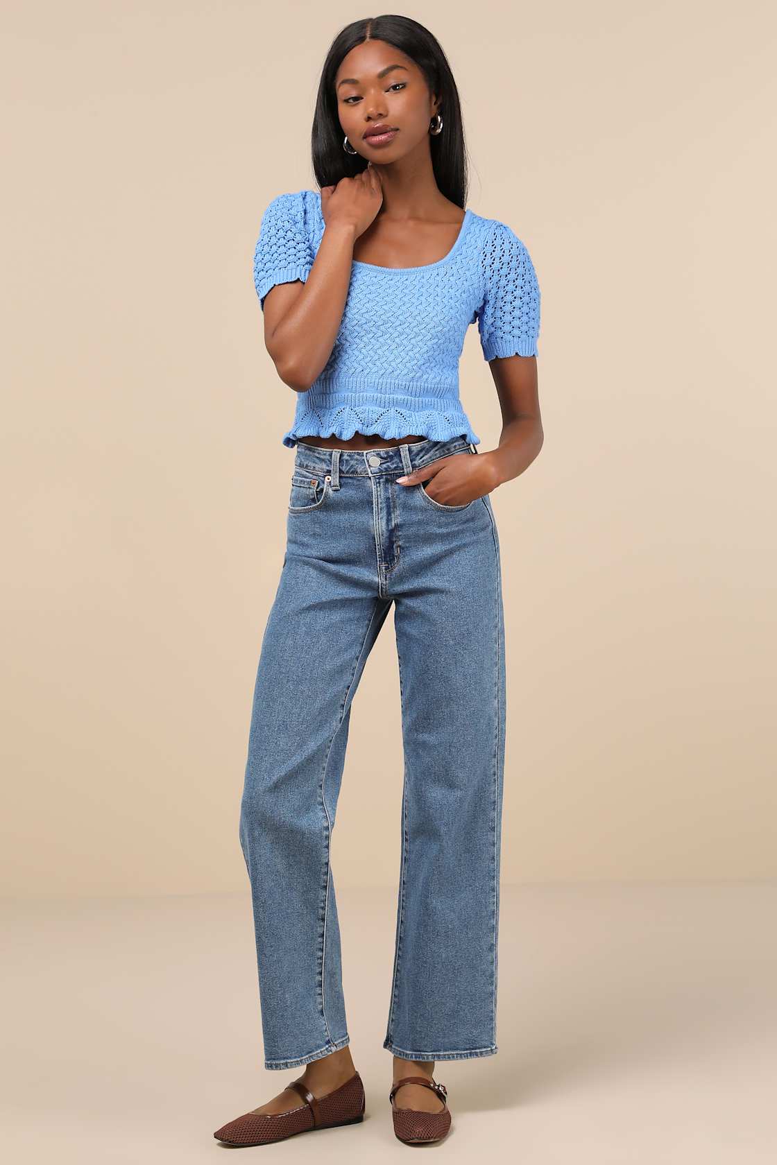 Lucky Cutie Blue Crochet Short Sleeve Sweater Top