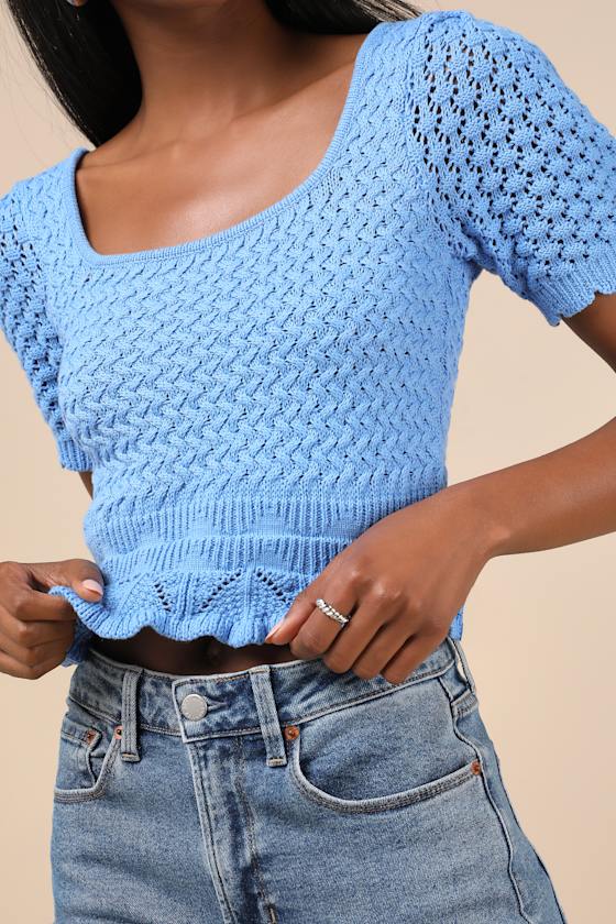 Lulus Lucky Cutie Blue Crochet Short Sleeve Sweater Top In Blue