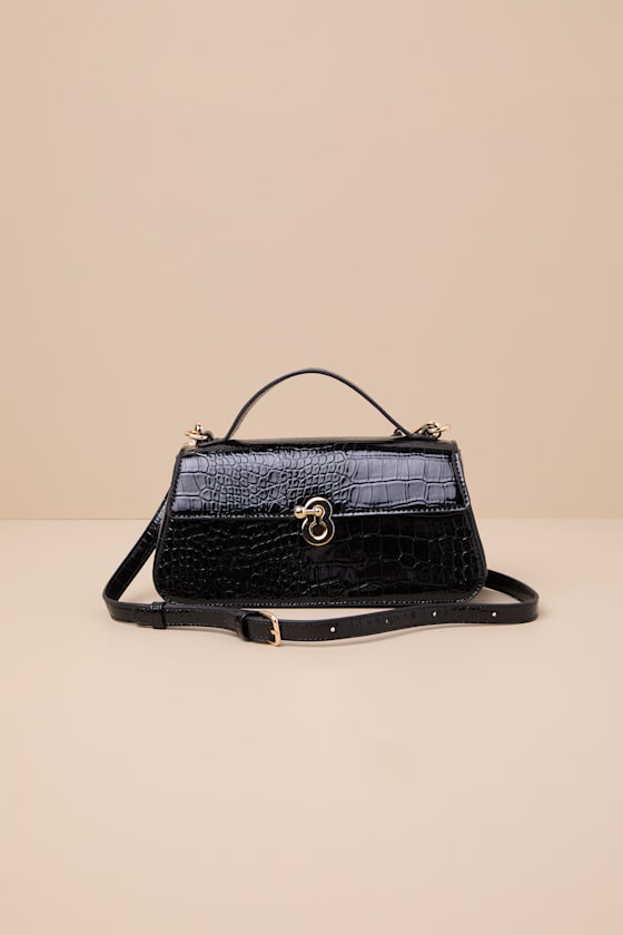 Shop Lulus Gretel Black Croc-embossed Crossbody Bag