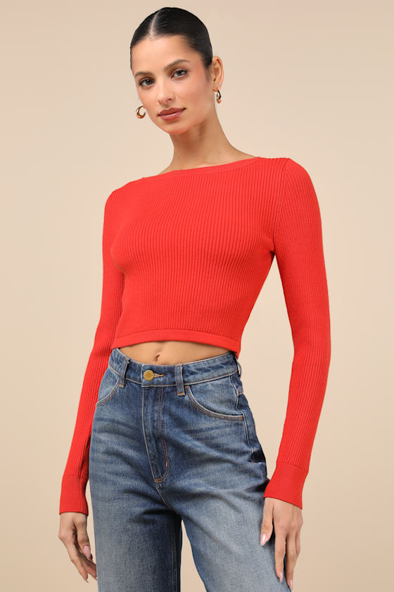 LULUS MOST INTRIGUING RED ORANGE RIBBED TIE-BACK SWEATER TOP