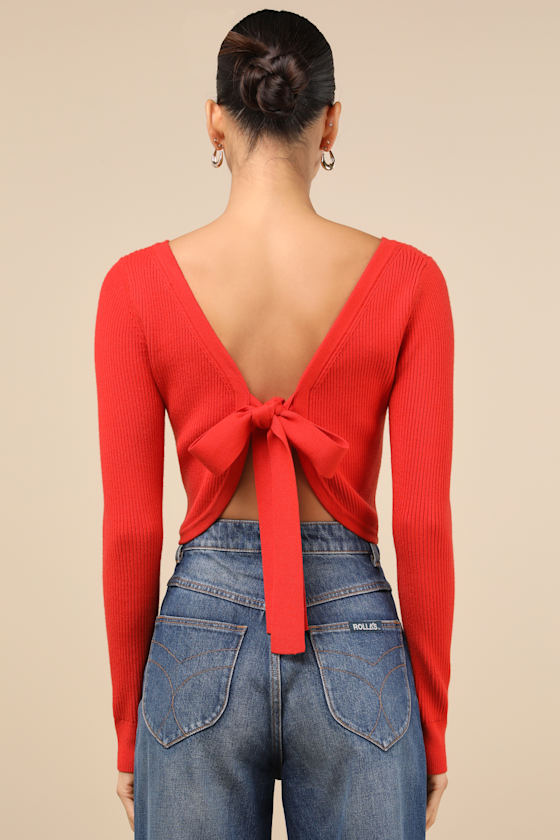 LULUS MOST INTRIGUING RED ORANGE RIBBED TIE-BACK SWEATER TOP
