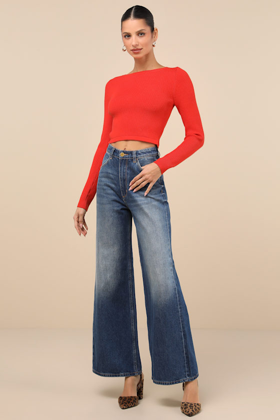 LULUS MOST INTRIGUING RED ORANGE RIBBED TIE-BACK SWEATER TOP