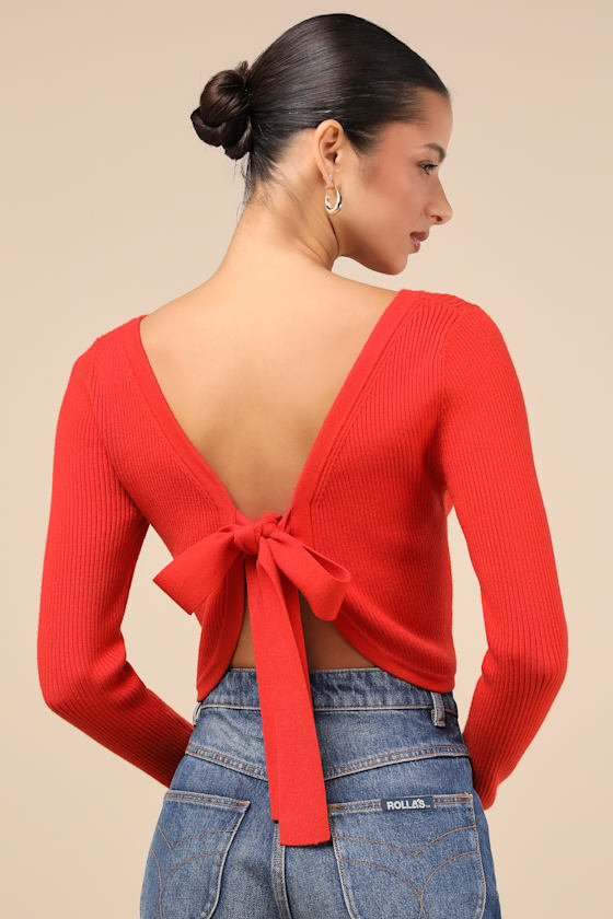 LULUS MOST INTRIGUING RED ORANGE RIBBED TIE-BACK SWEATER TOP