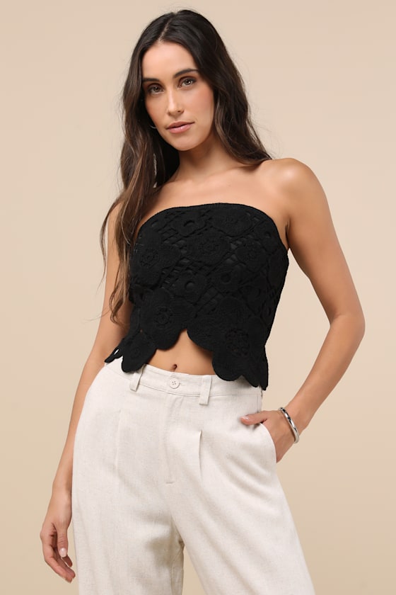Lulus Envied Attitude Black Crochet Strapless Crop Top In Black