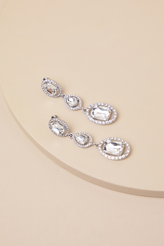 LULUS GLITTERY SENSATION SILVER RHINESTONE DROP EARRINGS