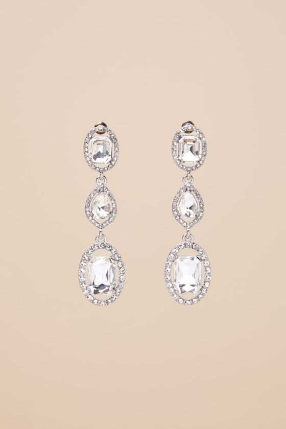 LULUS GLITTERY SENSATION SILVER RHINESTONE DROP EARRINGS