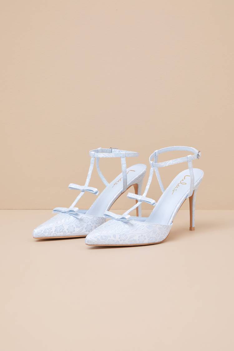 Kirbie Baby Blue Satin T-Strap Bow Pumps