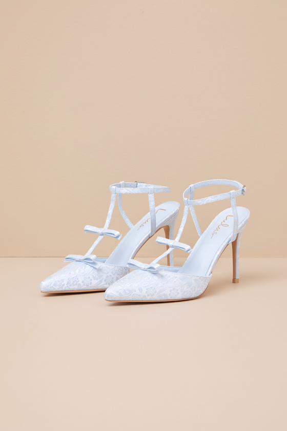 Kirbie Baby Blue Satin T-Strap Bow Pumps 2