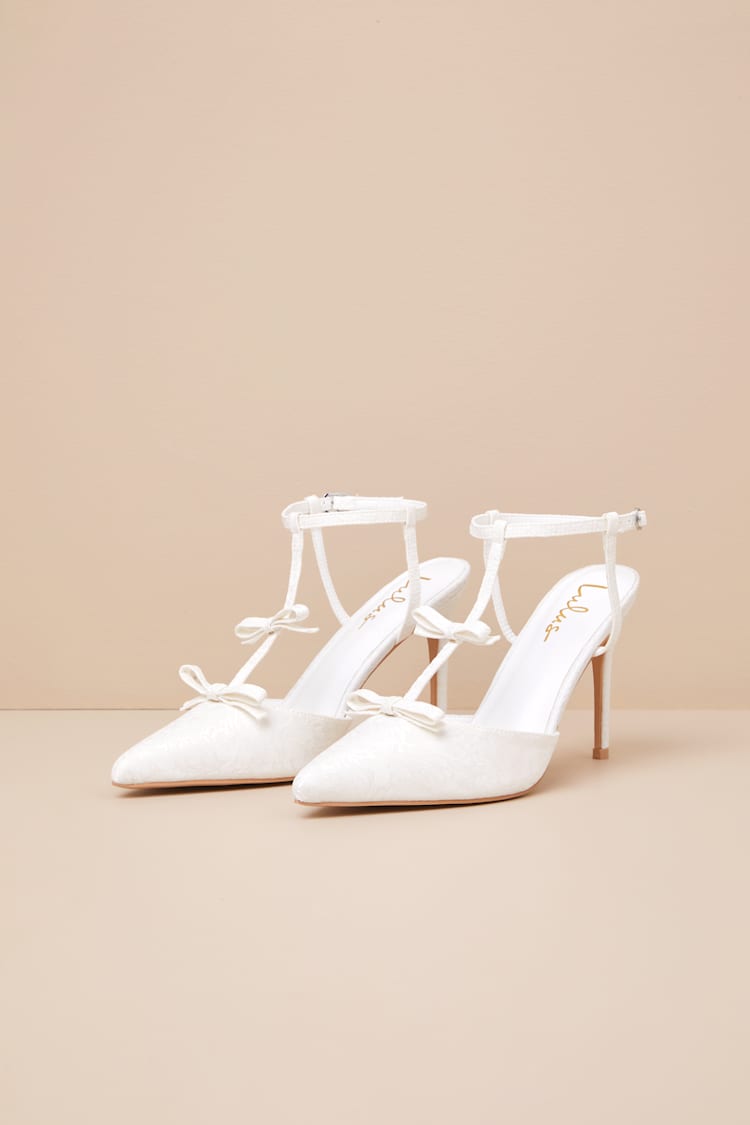 Kirbie White Satin T-Strap Bow Pumps