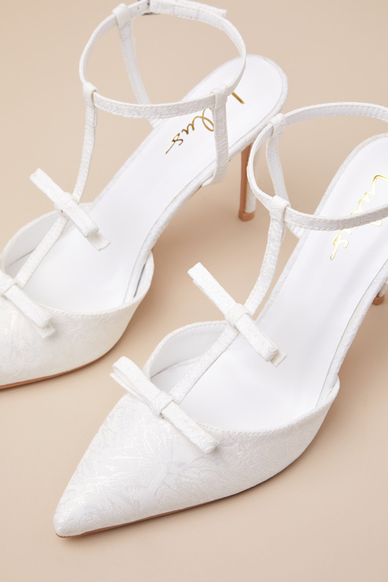 Lulus Kirbie White Satin T-strap Bow Pumps In White