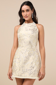 Zinya Pale Yellow Jacquard Lurex Halter Mini Dress