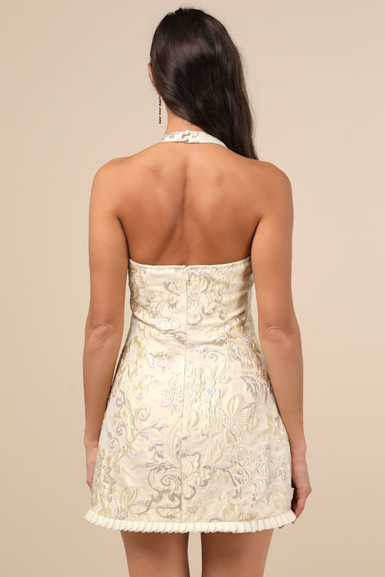 Lulus Zinya Pale Yellow Jacquard Lurex Halter Mini Dress In Yellow