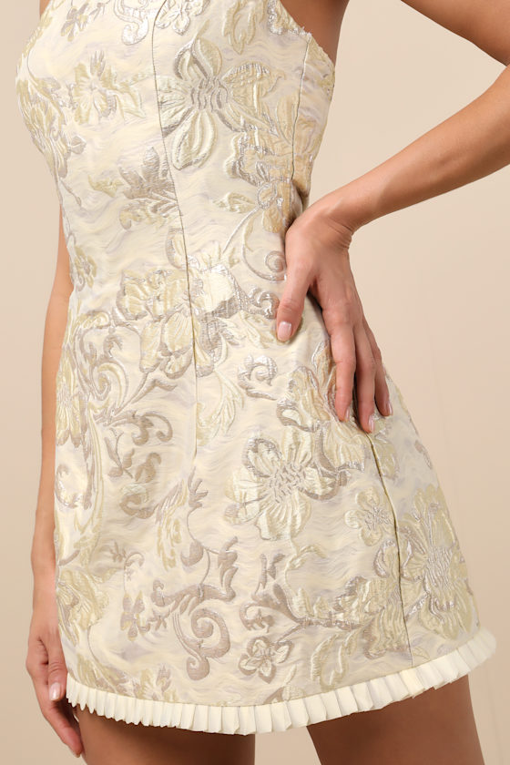 Lulus Zinya Pale Yellow Jacquard Lurex Halter Mini Dress In Yellow