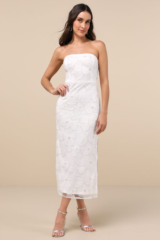 Lulus Loving Mentality White Tulle Beaded Strapless Midi Dress In White