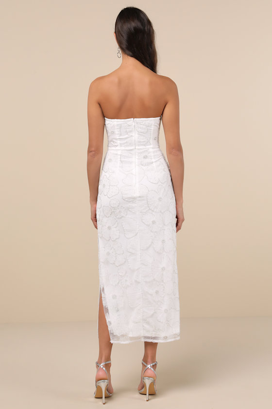 Lulus Loving Mentality White Tulle Beaded Strapless Midi Dress In White