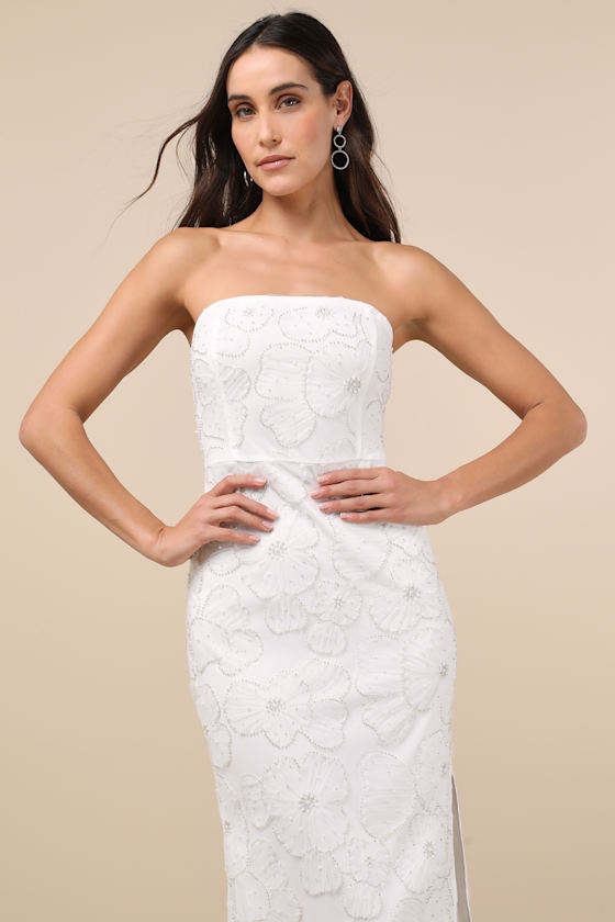 Lulus Loving Mentality White Tulle Beaded Strapless Midi Dress In White