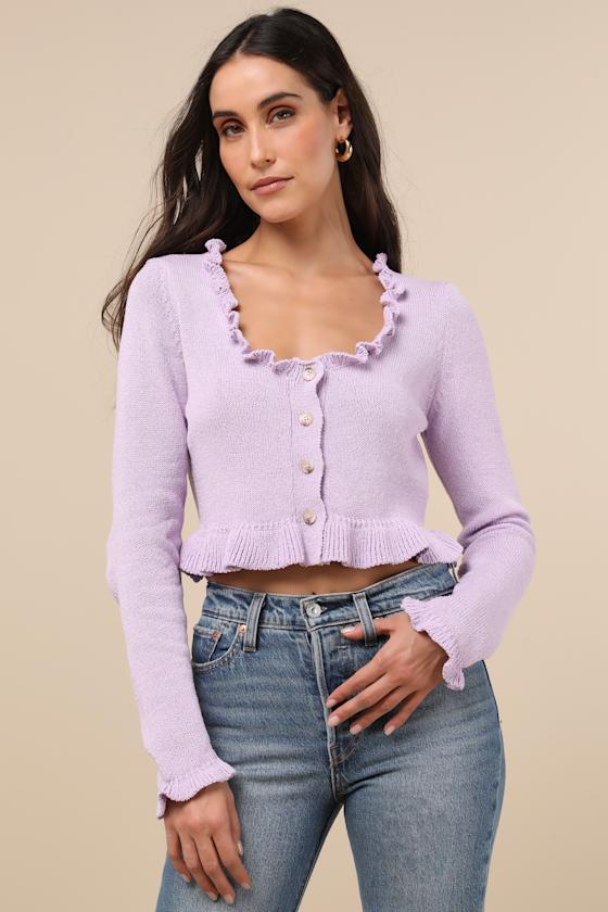 Impressively Sweet Lavender Ruffled Cropped Cardigan 5