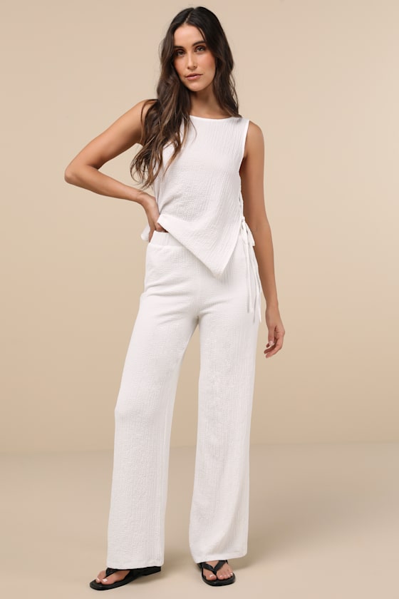 Lulus Easygoing Energy White Textured High-rise Pants In White