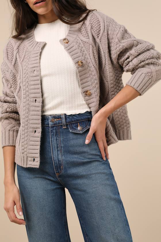 Lulus Comfy Discovery Taupe Cable Knit Button-up Cardigan Sweater In Taupe