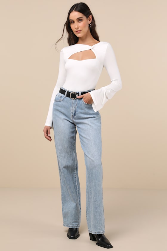 LULUS PERFECTLY IMPRESSIVE WHITE TWIST-FRONT LONG SLEEVE BODYSUIT