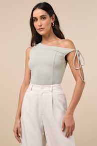 Pivotal Chicness Sage Green One-Shoulder Top